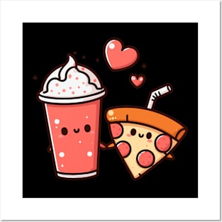 Kawaii Pepperoni Pizza and Milkshake Couple | Cute Kawaii Food Art for Couples Posters and Art